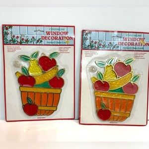 2 Vintage Fruit Basket Crystalline Window Decorations Stained Glass-Look New